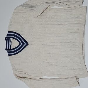 Claiborne Men's Cream Preppy Sweater with Blue Stripe V Neck M